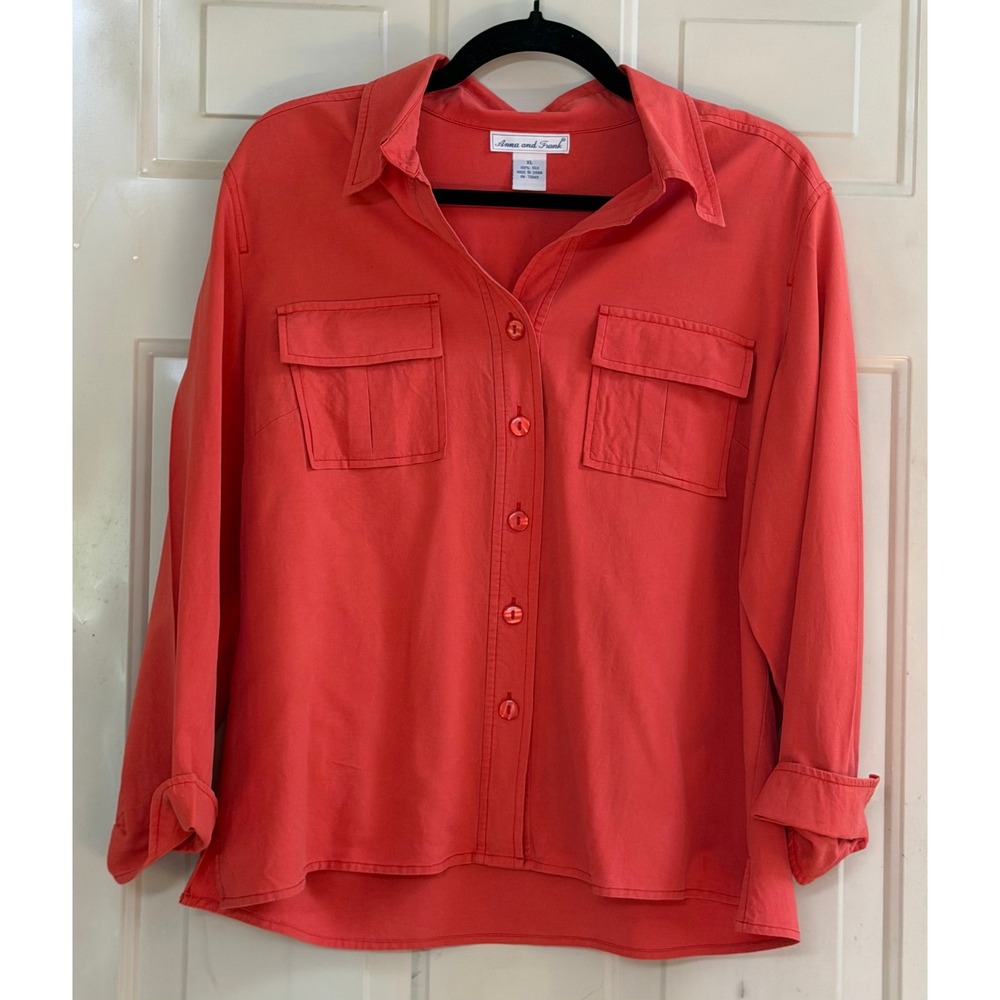 Anna and Frank Vintage 100% Silk Blouse XL Coral Orange Utility Camp Shirt 90's